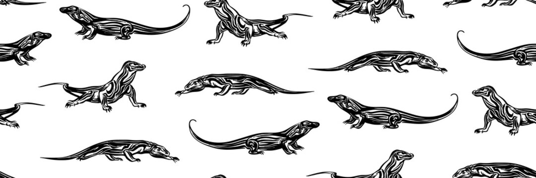 Seamless hand drawn komodo outline sketch pattern. Endless vector black ink wild varanus drawing isolated on white background. Stylized graphic wild animal illustration of lizard