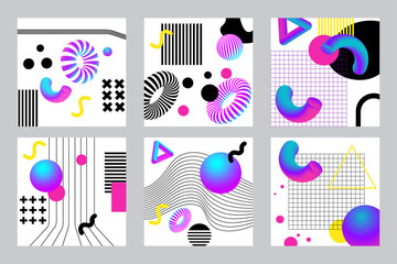 Vibrant 3d geometry and lines abstract collages set. Vector design for social media and visual content, web and UI design, posters, collage, branding.