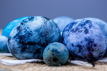 Blue Easter eggs close-up, selective focus, shallow depth of field.