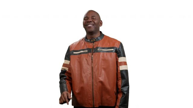 Handsome black man, waist up, double taps the screen with on finger and smiles on white background
