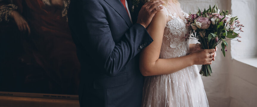 Bridal couple happy together, sensual bride and groom. Wedding photography concept.