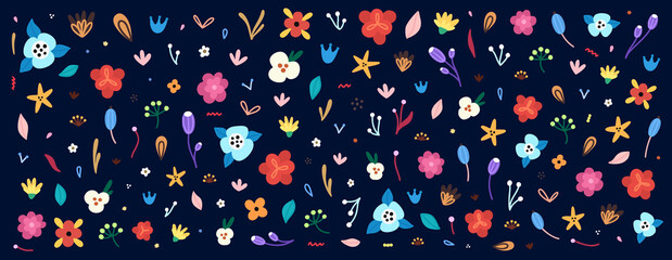 Large set of flowers and floral elements. Colorful clipart for decorating greeting cards, covers, invitations and more, as well as for creating print for fabrics, wrapping papers, wallpaper. Vector