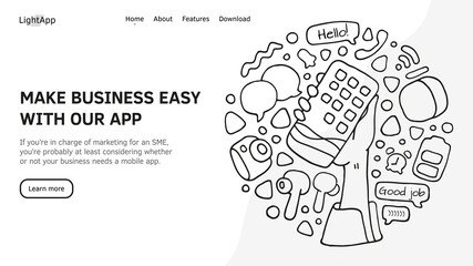 Header for the site. Mobile phone in hand. Smartphone interface elements. Make business easy with our app. Circle set in black annd white Doodle style. Vector EPS 10