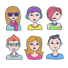  set of color vector hand drawn faces