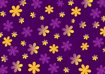 Fototapeta na wymiar Purple motif wrapping flower, fabric or background. Illustration of a blooming background with a pattern of yellow and purple flowers.