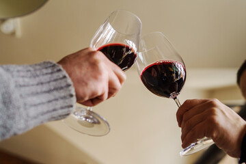 Close up on hands of two unknown caucasian men holding glasses with red wine toasting - man cheers...