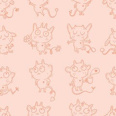 Valentine's day seamless pattern with cute cartoon imp on pink background. Greeting wallpaper with doodle funny animal. Line art poster for children. Vector holiday print.