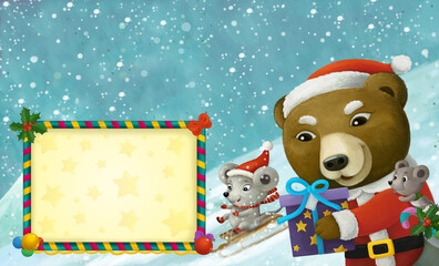 cartoon christmas winter scene with frame with animals sliding skiing on hill illustration