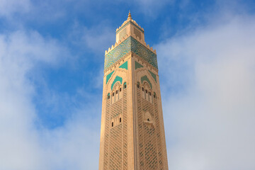 Fototapeta premium Casablanca, Morocco - September 24th 2018 : Hassan II Mosque is the largest mosque in the African continent and is the second largest mosque after the Grand Mosque in the city of Mecca.
