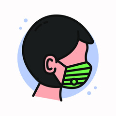 Warning Prevention Virus and Bacteria Logo Cartoon. Man Wear Medical Mask Icon Filled Line. Face Mask Vector Illustration