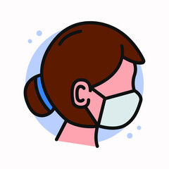 Woman Wear Medical Mask Icon Filled Line. Prevention Bacteria Logo Cartoon. Information Protection Virus Infection Design Vector Symbol Illustration