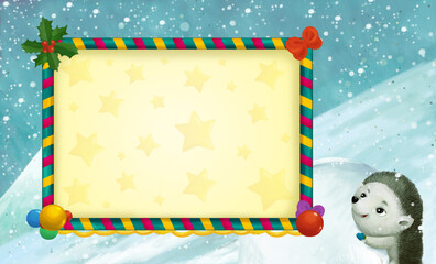 cartoon christmas winter scene with frame with animals sliding skiing on hill illustration