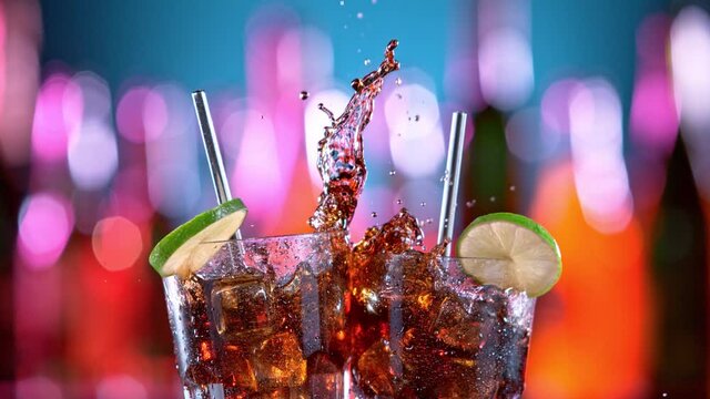 Super Slow Motion of Cuba Libre Cocktails Hitting Together in a Bar, Cheers Concept. Filmed on High Speed Cinema Camera