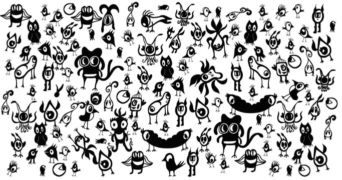 seamless pattern with birds and monsters black in white