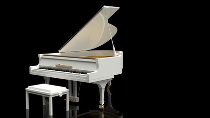 White-Gold Grand Piano under black background. 3D illustration. 3D high quality rendering. 3D CG.