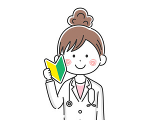 初心者マークを持つ日本人女医のイラスト