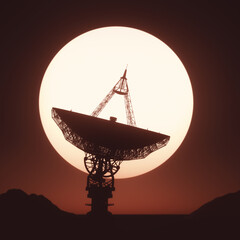 Giant satellite dish silhouette facing the sunset. 3D illustration with clipping path included.