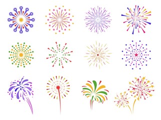Firework icon set. Firecracker, petard and stars. Happy New year, Holiday, Festival and party firework. Poster design elements, invitations, greetings. Colorful collection. Vector illustration