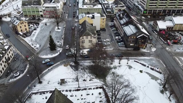 Voss chursch vangskyrkja from the middle age Aerial top down revealing church in city centre