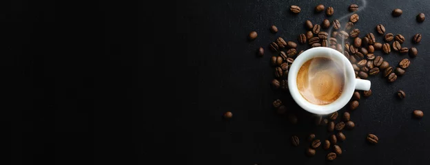 Foto auf Acrylglas Cafe Steaming espresso served in cup on dark