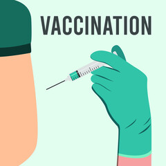The doctor gives an injection in the shoulder, arm muscle. Coronavirus vaccination, doctor injecting a patient. Doctor hand wearing a glove making an injection. Vector illustration.