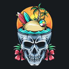 summer skull contains surf board, coconut tree, and ball