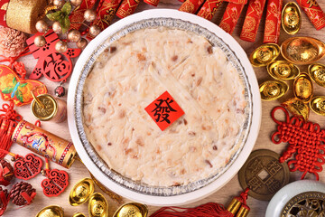 Steamed turnip cake, Chinese new year food (the Chinese words is 'make money', not a logo or...