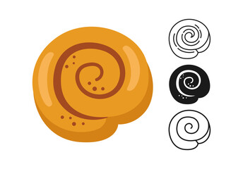Cinnamon roll icon, bread line and black glyph, cartoon sign set. Hand drawn sketch fresh sweet round bun bakery. Shop flat food design. Packaging label, vector food app, website
