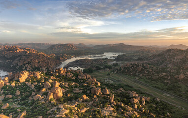 Luxurious green landscape of Hampi,riot of colors and rocky landscape.