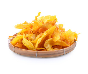 Vacuum fried JackFruit Chips in plate isolated on the white background
