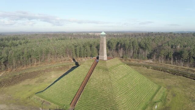 Beautiful aerial of Austerlitz pyramid in the Netherlands. The Piramide van Austerlitz is a monument in the Netherlands, built in 1804 as a tribute to Napoleon Bonaparte.