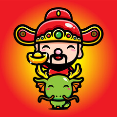 The cute god of wealth / cai shen cartoon character riding a dragon