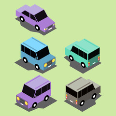 Isometric drawing of SUV Car, Two Point of View and Mirror Sample with Shadow, Color Sample of Pastel Color Scheme, Flat Cartoon Vector Illustration can be used as Icon, Logo or Avatar
