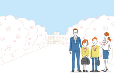 手書き線画カラーイラスト　学生の男女と母親と父親が桜並木に立っている