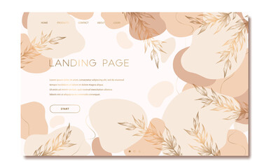 Vector landing page template with hand drawn geometric shapes and plants isolated on white background. Abstract illustrations in pastel colors for web design, banner, website development