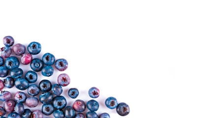 Fresh blueberries and leaves, berry frame isolated on white background, top view