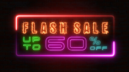 Flashing sale up to percent off colorful neon blaze sign banner in black background for promote. concept of promotion brand sale series 10-90%