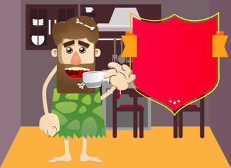 Cartoon prehistoric man drinking coffee. Vector illustration of a man from the stone age.