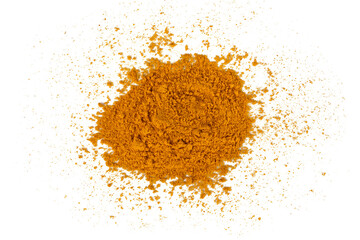 Turmeric powder spice pile isolated on white background. Top view. - obrazy, fototapety, plakaty