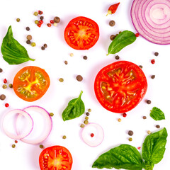 fresh vegetables, herbs and spices isolated on white background