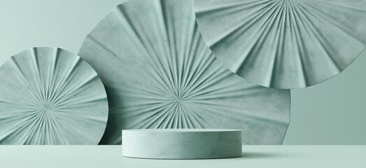 Product display podium with abstract circle fabric pastel green tone. 3D rendering