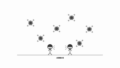 Vector minimal COVID-19 people wearing face mask outdoor and keep social distancing awareness concept with black and white color background.