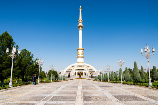 Independence Monument in Ashgabat, Turkmenistan. Located in the Independence Park. Concrete tower in Central Asia.