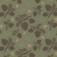 Pinecone and acorn monocomatic green backgrounds. Vector pattern. Autumn theme