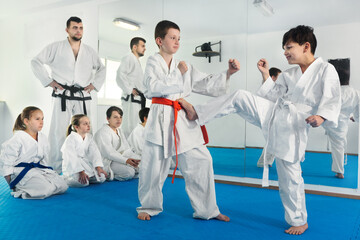 Fototapeta na wymiar Pair of little boys practicing new karate moves during the class