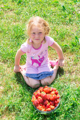 The girl holds a ripe juicy red fragrant strawberry in her hands.