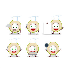 Cartoon character of slice of green coconut with various chef emoticons