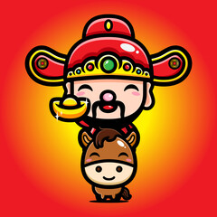 The cute god of wealth / cai shen cartoon character riding a horse