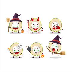Halloween expression emoticons with cartoon character of slice of green coconut