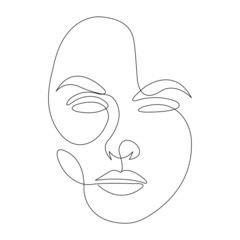 Face of the girl with a peaceful look is drawn with one line. Concept of calmness, tenderness, femininity. Design suitable for tattoo minimalism, decor, mural, logo, print, banner, badge. Vector